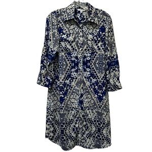 Cabi Small 422 Jewel Blue and White Abstract Print Button Down Shirt Dress P1